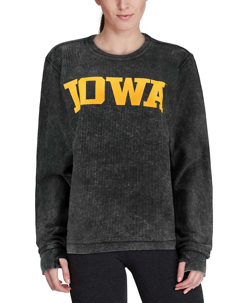 Women's Black Iowa Hawkeyes Comfy Cord Vintage-Like Wash Basic Arch Pullover Sweatshirt