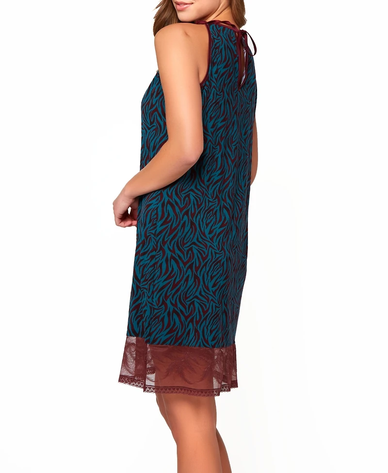 Women's Zebra Patterned Halter Chemise with Keyhole Back, Lace Detail and Bow Accent