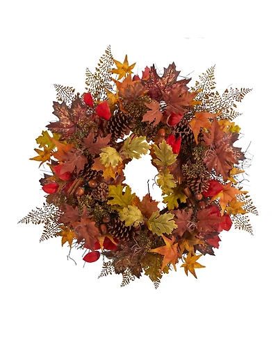30" Autumn Maple Leaves, Acorn, Pinecones and Cinnamon Sticks Artificial Fall Wreath