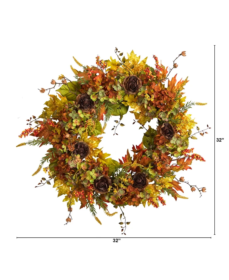 32" Fall Hydrangea, Ranunculus and Maple Leaf Autumn Artificial Wreath