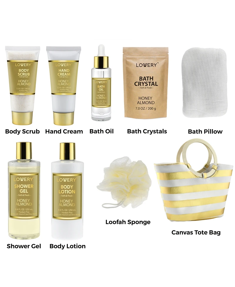 Lovery Honey Almond Home Spa Gift Set, Bath and Body Care with Tote Bag, 9 Piece