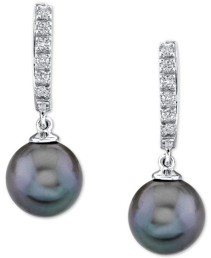 Cultured Golden South Sea Pearl (9mm) & Diamond (1/5 ct. t.w.) Hoop Dangle Drop Earrings in 14k Gold