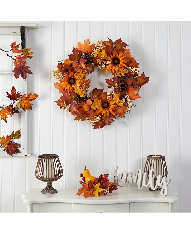 28" Autumn Maple Leaves, Sunflower, White Berries and Pinecones Artificial Fall Wreath