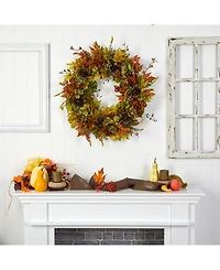 32" Fall Hydrangea, Ranunculus and Maple Leaf Autumn Artificial Wreath