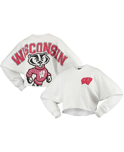 Women's White Wisconsin Badgers Raw Hem Cropped Long Sleeve T-shirt