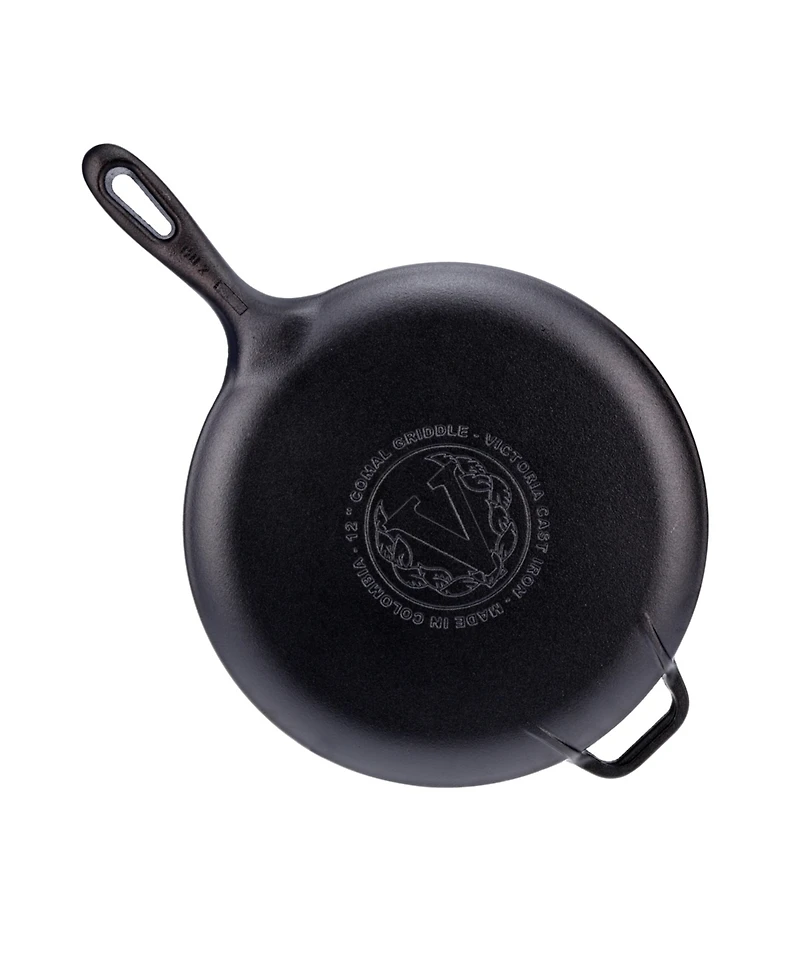 Victoria 12" Comal with Long Handle and Helper Handle, Seasoned