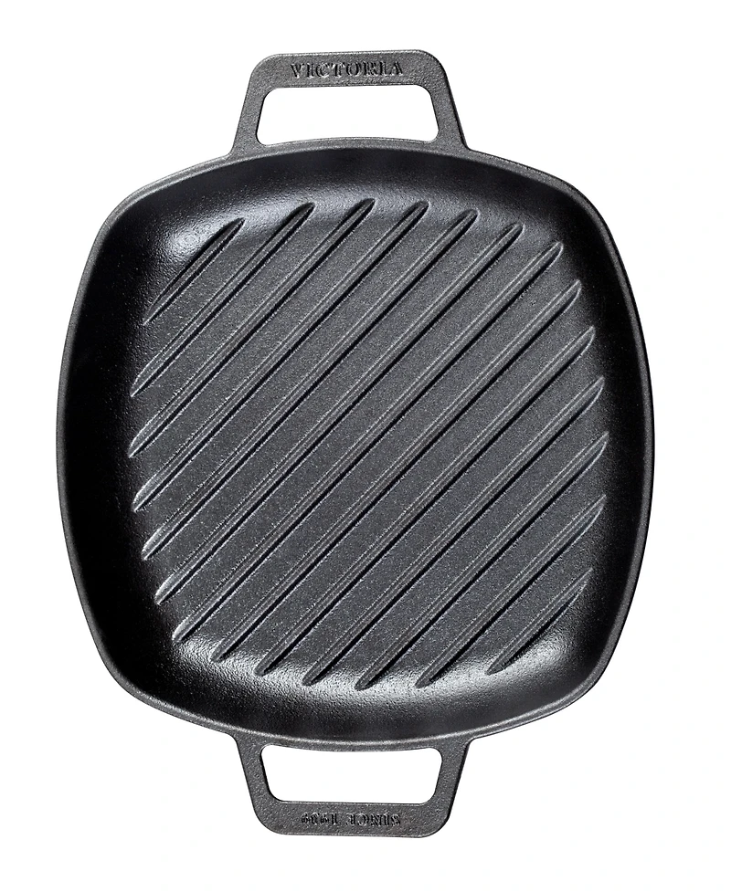 Victoria 10in Square Grill Pan with Double Loop Handles, Seasoned