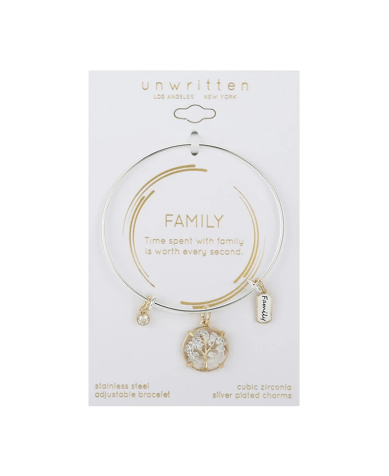 Unwritten Family Tree Cubic Zirconia Adjustable Bangle Bracelet In Stainless Steel and Gold Flash Plated Charms
