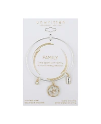 Unwritten Family Tree Cubic Zirconia Adjustable Bangle Bracelet In Stainless Steel and Gold Flash Plated Charms