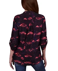 Ny Collection Petite 3/4 Roll Tab Sleeve Printed Pintuck Top