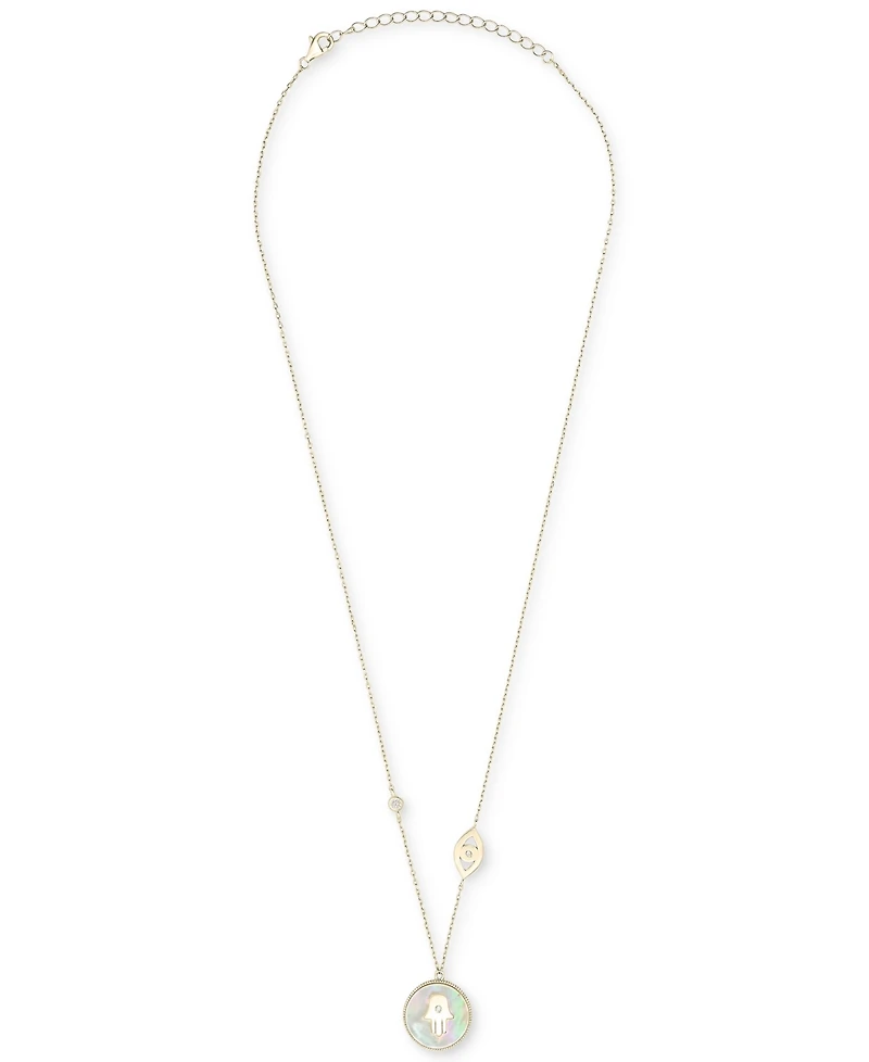 Mother-of-Pearl (10mm) & Cubic Zirconia Hamsa Hand & Evil Eye Pendant Necklace in 14k Gold-Plated Sterling Silver, 16" + 2" extender