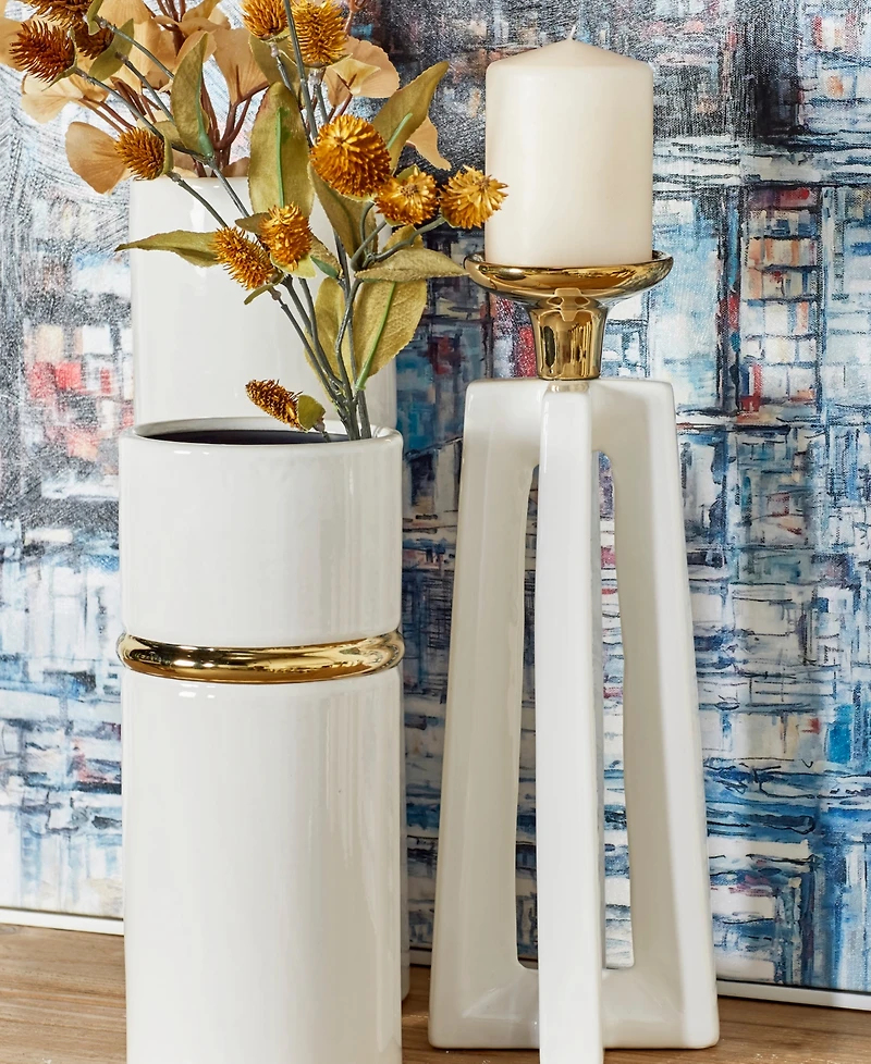 CosmoLiving by Cosmopolitan Set of 2 White Ceramic Modern Candle Holder, 12", 14"