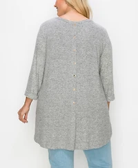 Coin 1804 Plus Cozy 3/4 Rolled Sleeve Button Back Top