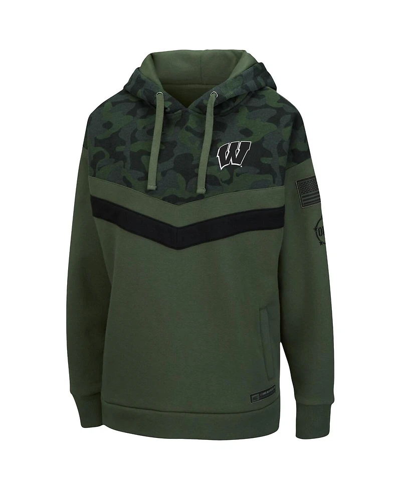 Women's Olive and Camo Wisconsin Badgers Oht Military-Inspired Appreciation Extraction Chevron Pullover Hoodie
