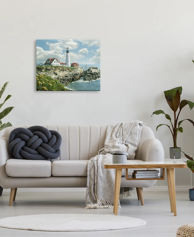 Stupell Industries Portland Head Lighthouse Scene Grassy Ocean Side Peninsula with Sail Boat Stretched Canvas Wall Art, 24" x 30"