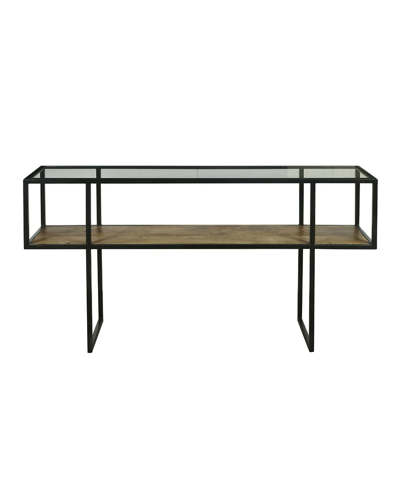Iron Console Table with Glass Top and Wooden Shelf