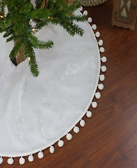 36" Christmas Tree Skirt with a Pom Pom Border and Tie Backs