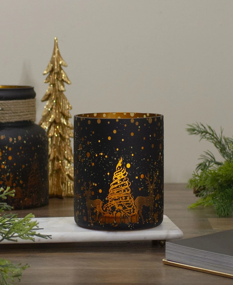 6" Deer and Pine Trees Flameless Glass Candle Holder