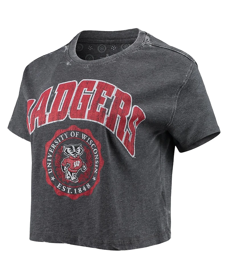 Women's Pressbox Heathered Black Wisconsin Badgers Edith Vintage-Like Burnout Crop T-shirt