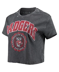 Women's Pressbox Heathered Black Wisconsin Badgers Edith Vintage-Like Burnout Crop T-shirt