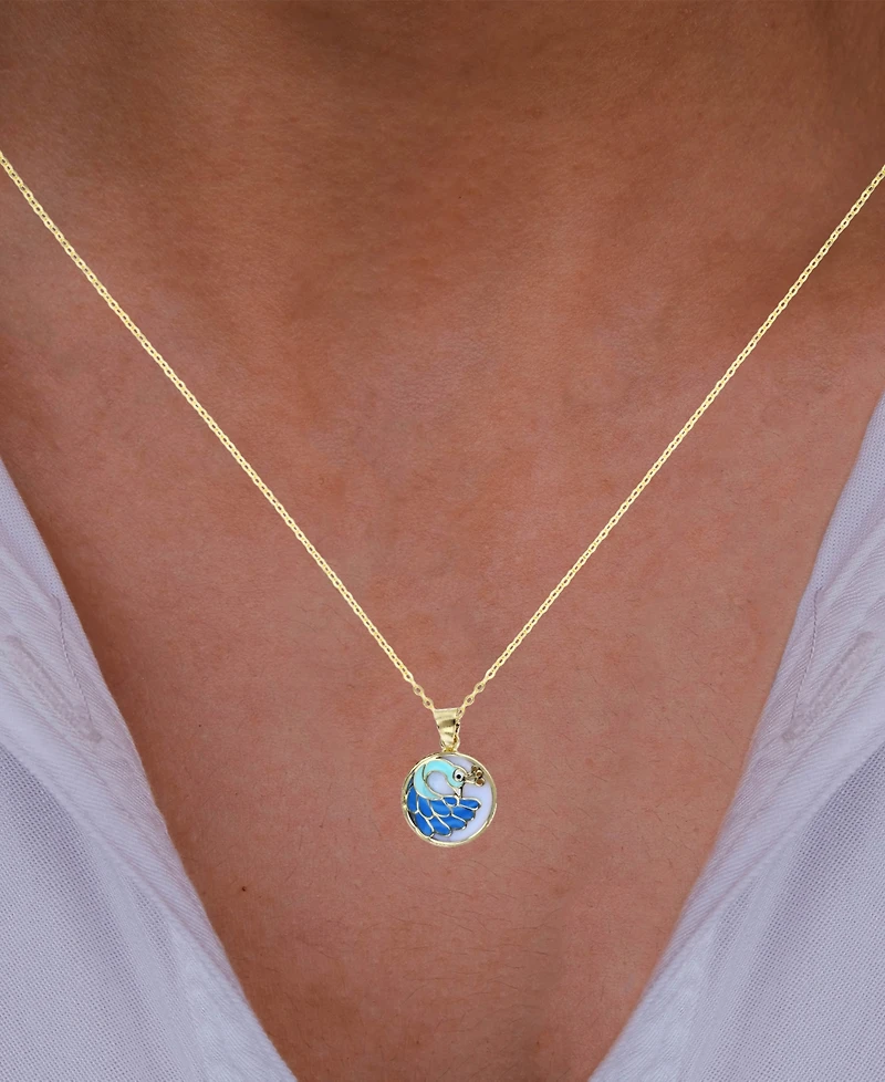 Enamel Peacock 18" Pendant Necklace in 14k Gold