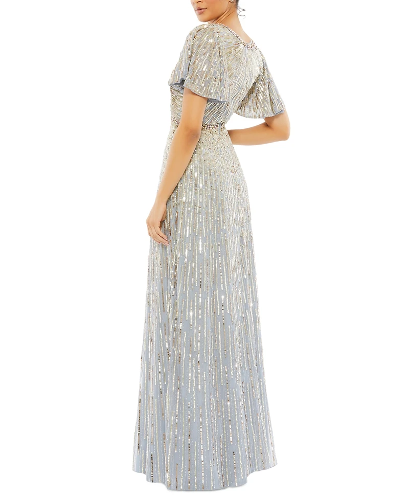Women's Embellished V Neck Butterfly Sleeve Column Gown