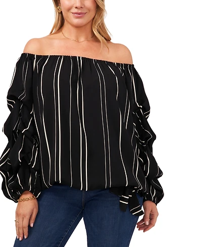 Vince Camuto Plus Size Striped Off-The-Shoulder Bubble 3/4-Sleeve Tie-Front Blouse