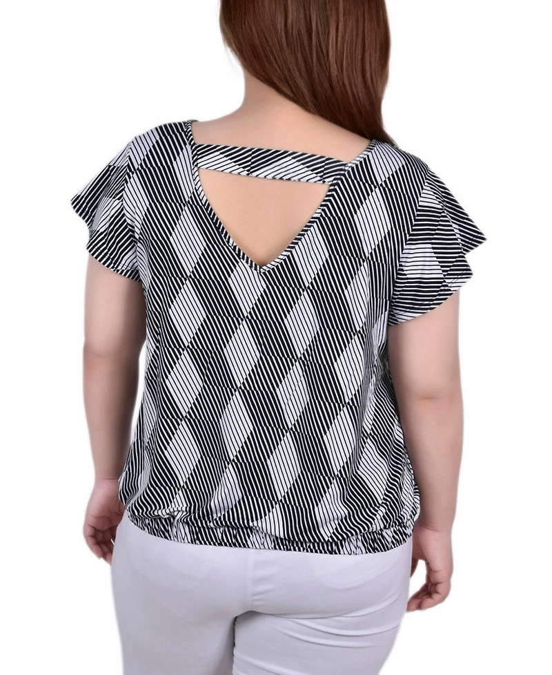 Plus Short Flutter Sleeve Top with Studded Neckline