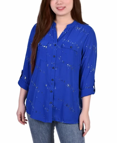 Petite 3/4 Sleeve Roll Tab Blouse with Metallic Details Top
