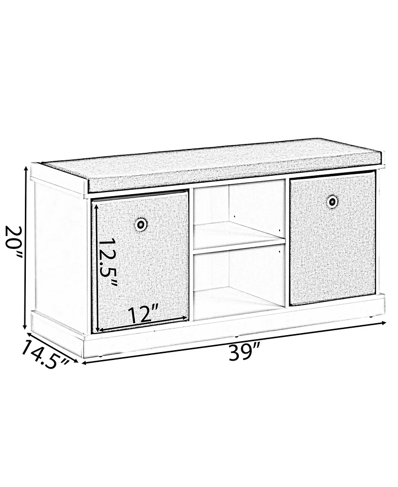 Basicwise Mdf Storage Box Shoe Bench with 2 Shelves, Foldable Baskets and a Gray Cushion, White