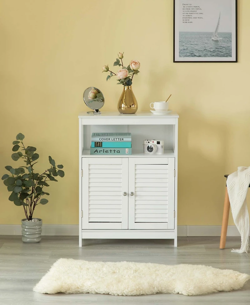 Basicwise Wooden White Modern Storage Bathroom Vanity Cabinet with Adjustable Shelves and Two Horizontal Planks Design Doors