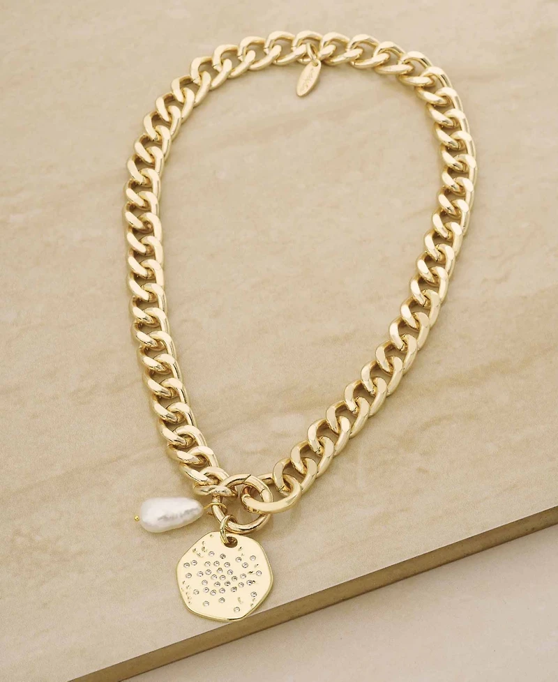 Ettika 18K Gold Plated Chunky Chain and Disc with Cultured Freshwater Pearl Necklace