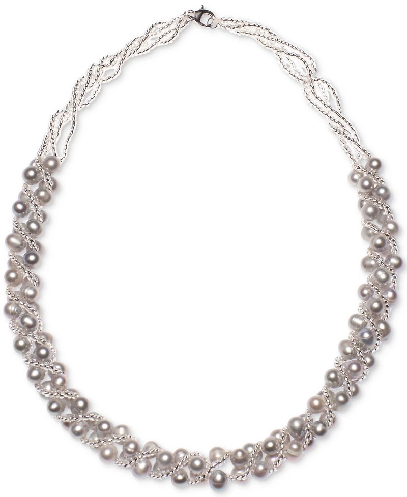 Cultured Freshwater Pearl Woven Necklace (4mm) & Stud Earrings (6mm) Set Sterling Silver