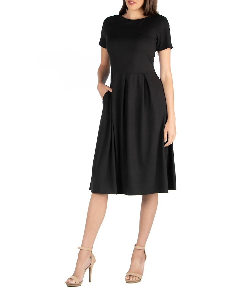 24seven Comfort Apparel Women's Midi Dress with Short Sleeves and Pocket Detail