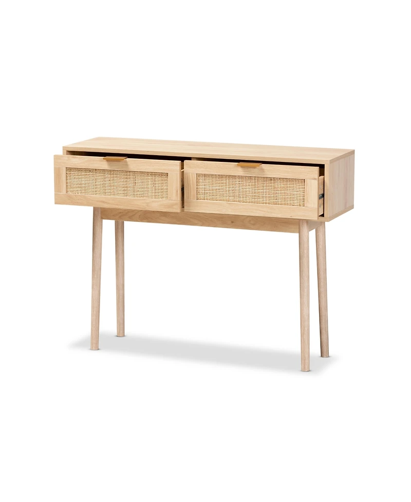 Baird Mid-Century Modern Finished Wood and Rattan 2 Drawer Console Table