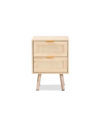 Baird Mid-Century Modern Wood and Rattan 2 Drawer Nightstand