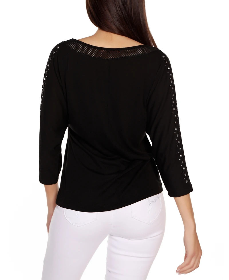 Belldini Women's Embellished Dolman with Mesh Inset Top