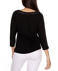 Belldini Women's Embellished Dolman with Mesh Inset Top
