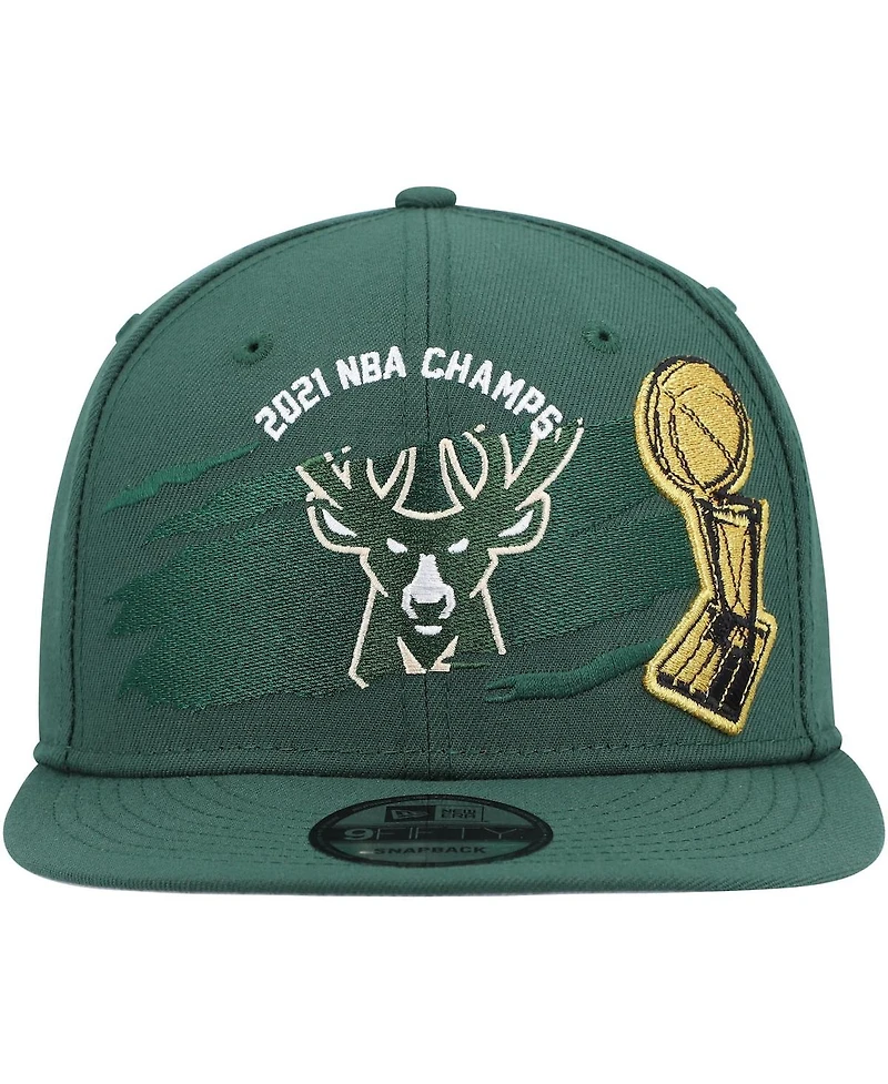 Men's New Era Hunter Green Milwaukee Bucks 2021 Nba Finals Champions Tear On The Court 9Fifty Snapback Hat