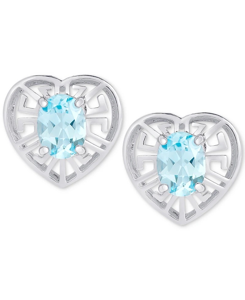 Blue Topaz Greek Key Openwork Heart Stud Earrings (2 ct. t.w.) in Sterling Silver