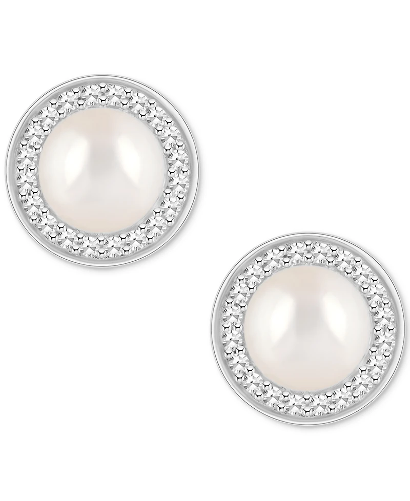Cultured Freshwater Pearl & Diamond (1/5 ct. t.w.) Halo Stud Earrings in Sterling Silver (Also in Onyx, Turquoise, & Labradorite)