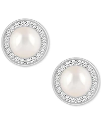 Cultured Freshwater Pearl & Diamond (1/5 ct. t.w.) Halo Stud Earrings in Sterling Silver (Also in Onyx, Turquoise, & Labradorite)