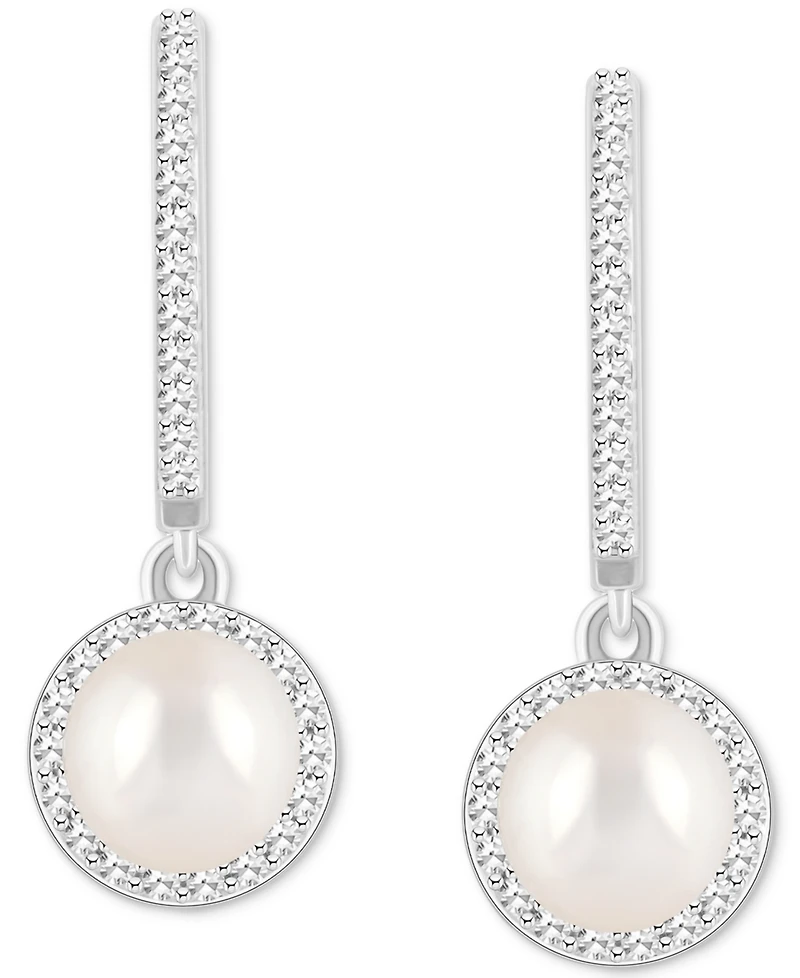 Cultured Freshwater Pearl& Diamond (1/3 ct. t.w.) Halo Leverback Earrings in Sterling Silver (Also in Onyx, Turquoise, & Labradorite)