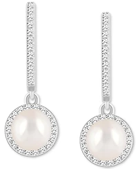 Cultured Freshwater Pearl& Diamond (1/3 ct. t.w.) Halo Leverback Earrings in Sterling Silver (Also in Onyx, Turquoise, & Labradorite)