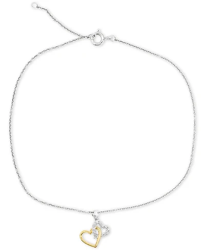 Diamond Accent Double Heart Ankle Bracelet in Sterling Silver & 14k Gold-Plate