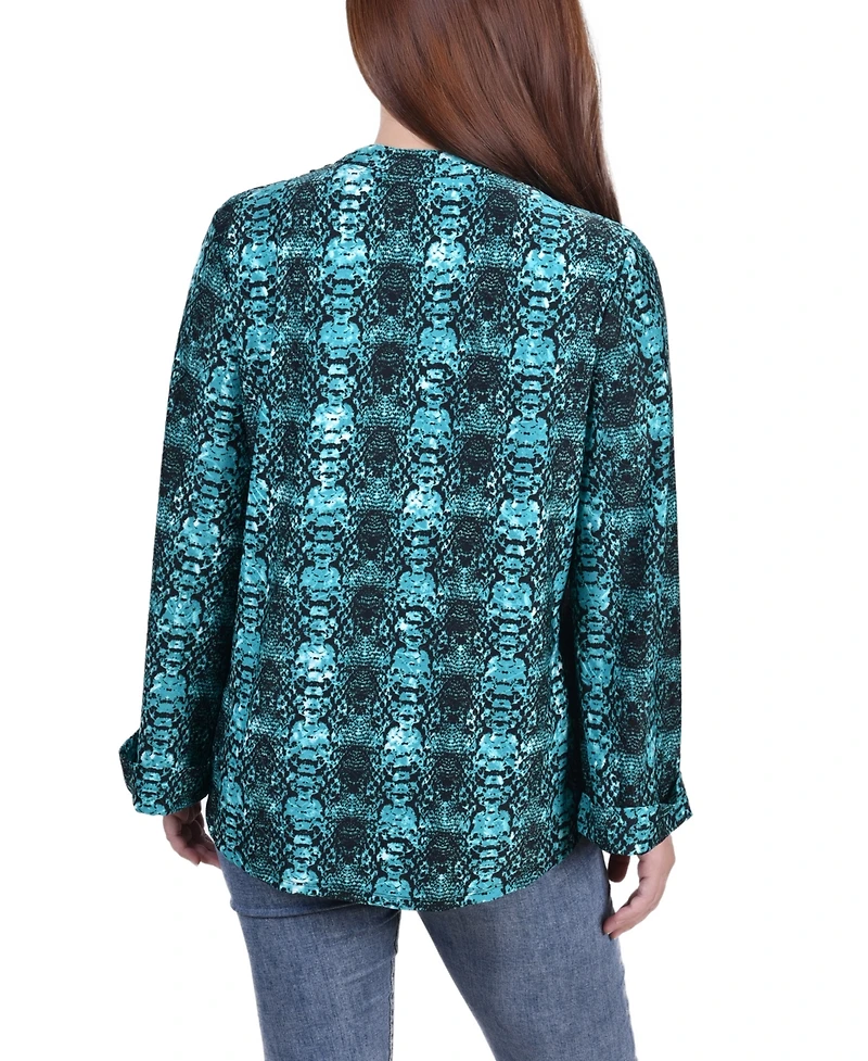 Petite Size Long Sleeve Jacquard Knit Y-neck Top