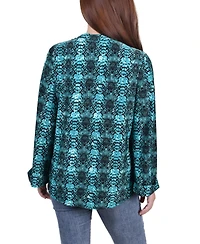 Petite Size Long Sleeve Jacquard Knit Y-neck Top