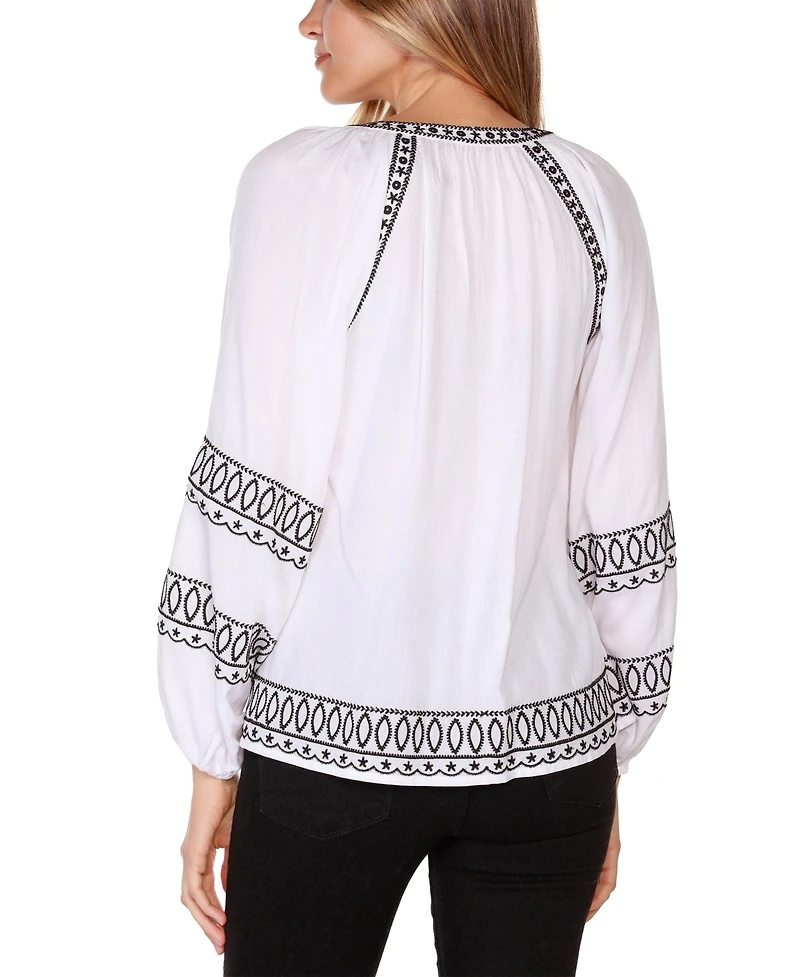 Belldini Women's Black Label Embroidered Blouson Split-Neck Top