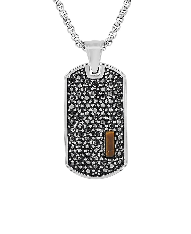 Steeltime Men's Stainless Steel Simulated Diamonds and Tiger Eye Dog Tag Pendant
