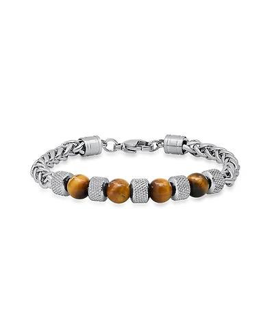 Steeltime Men's Stainless Steel Wheat Chain and Tiger Eye Beads Bracelet